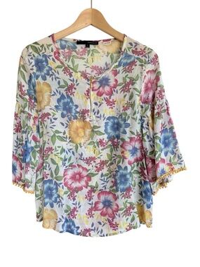 Harve Benard 3/4 Zip Bell Sleeve Boho Painterly Floral Tunic Blouse Sz Small